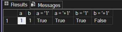 Result grid showing that comparing INT 1 to the string '+1' is True as numbers, while comparing CHAR '1' to '+1' as strings is False