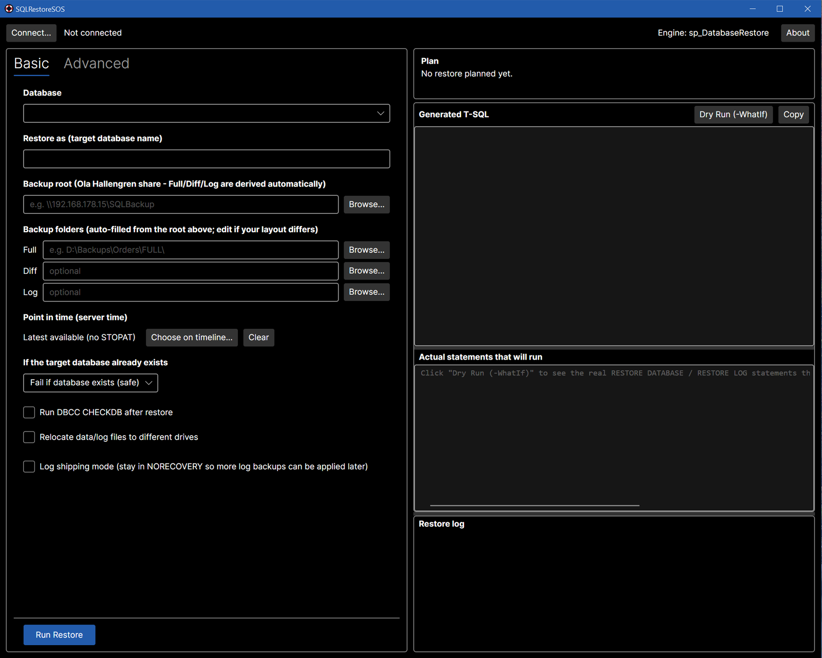 The SQLRestoreSOS main window, not yet connected: input form on the left, generated T-SQL, resolved statements and restore log on the right.