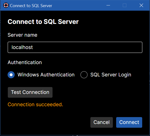 The Connect to SQL Server dialog with Windows Authentication selected and a successful test.