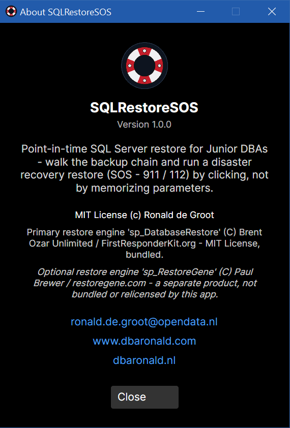 The About dialog of SQLRestoreSOS with the lifebuoy icon, version, licences and contact links.