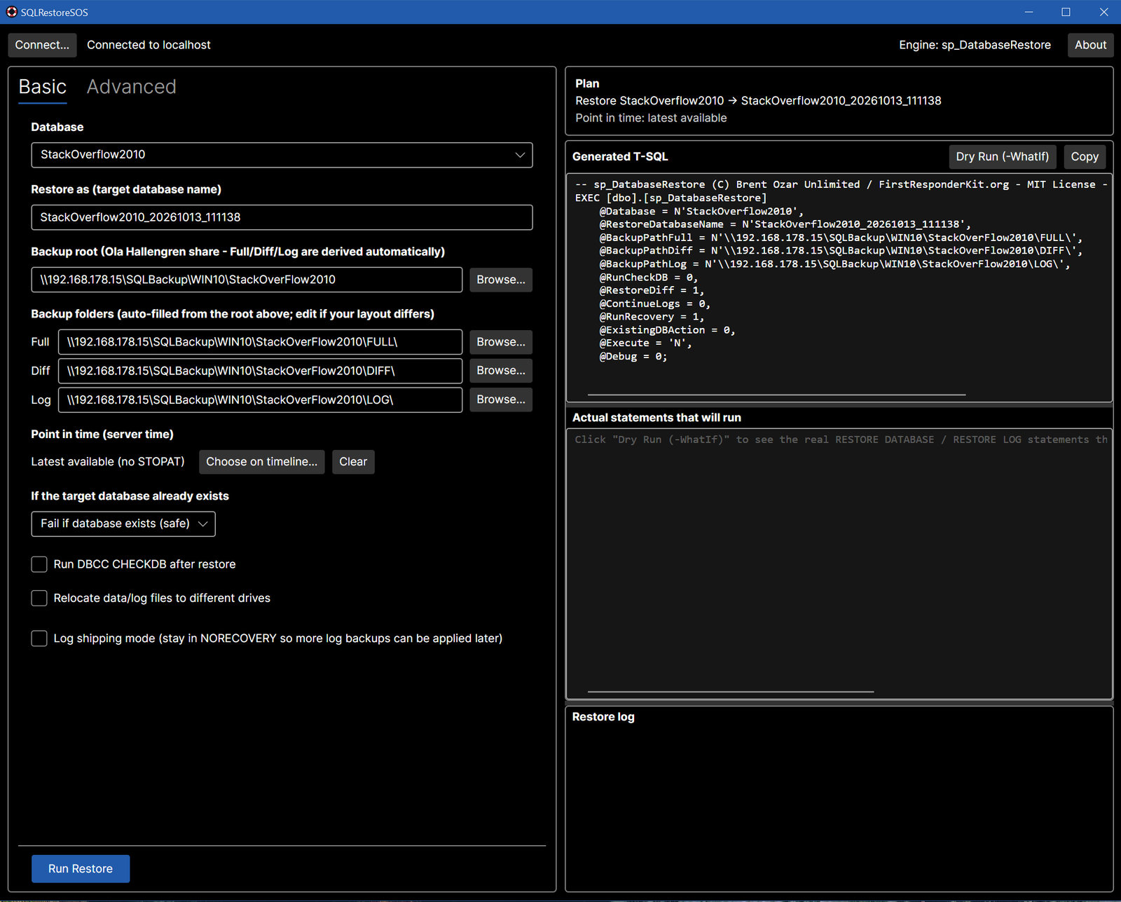 The main window after choosing a database and a backup root: the Full, Diff and Log folders are filled in and the generated T-SQL is shown.