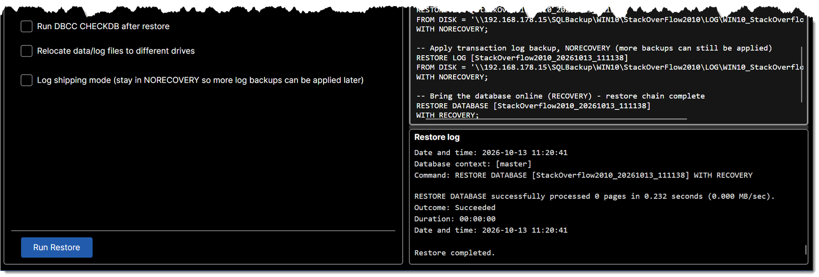 The Restore log after a run: the final RESTORE DATABASE WITH RECOVERY succeeded and the log ends with Restore completed.
