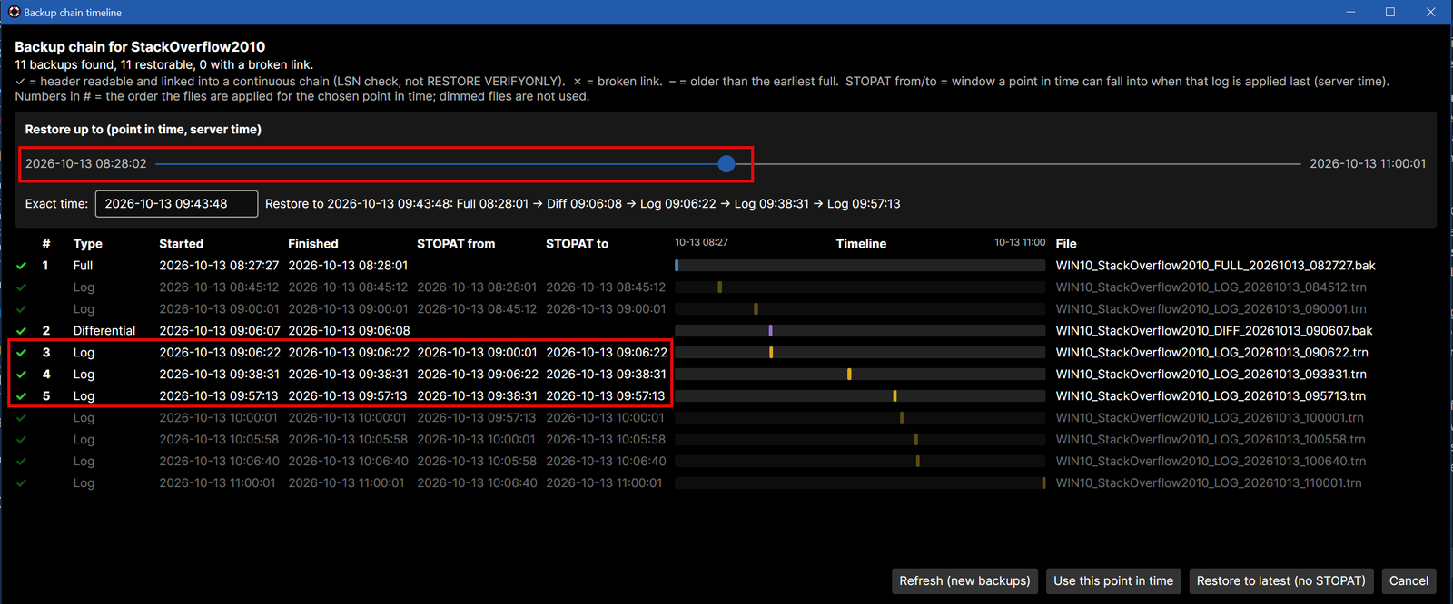 The timeline dialog with the slider at 09:43:48: files 1 to 5 are numbered and the later logs are dimmed.
