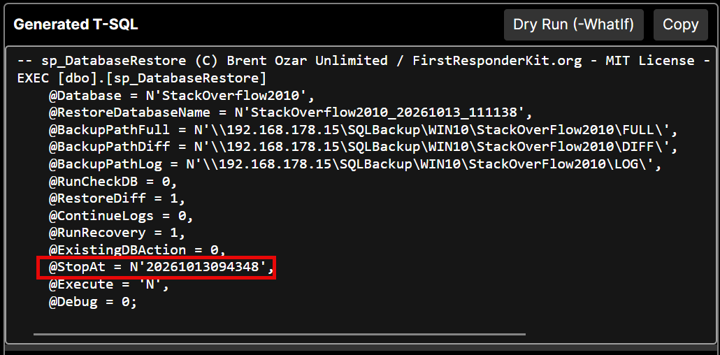 The generated T-SQL with the new line @StopAt = N'20261013094348' highlighted.