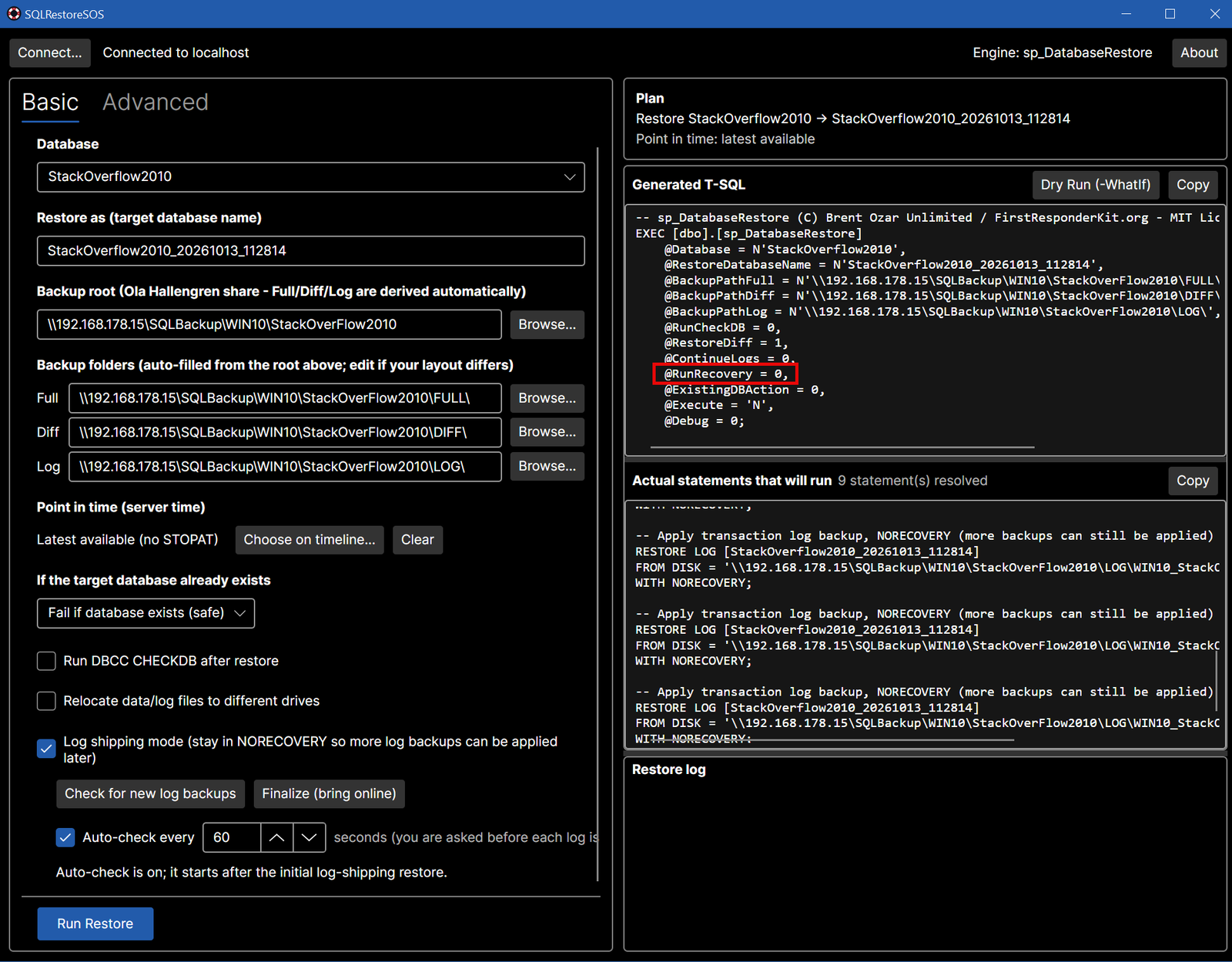 The main window with Log shipping mode ticked: Check for new log backups, Finalize, and Auto-check every 60 seconds appear, and the generated T-SQL shows RunRecovery = 0.