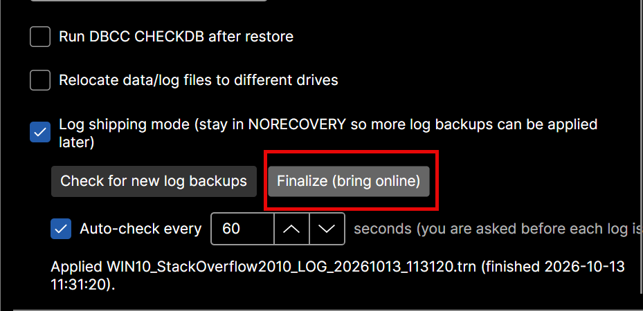 The log shipping controls with the Finalize (bring online) button highlighted and the status line showing the last applied log.